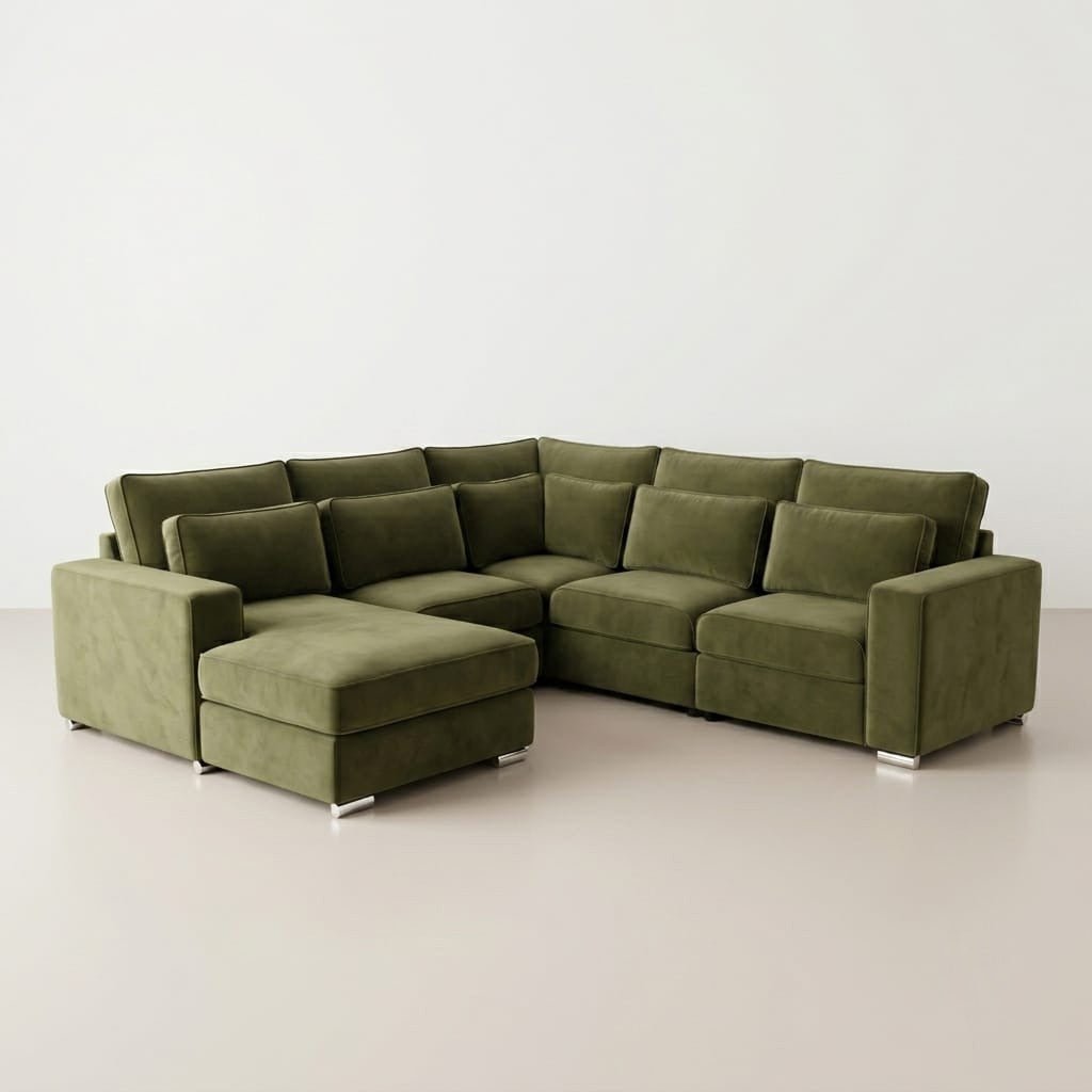Tuscany Olive Green Velvet Corner Sofa with Chaise