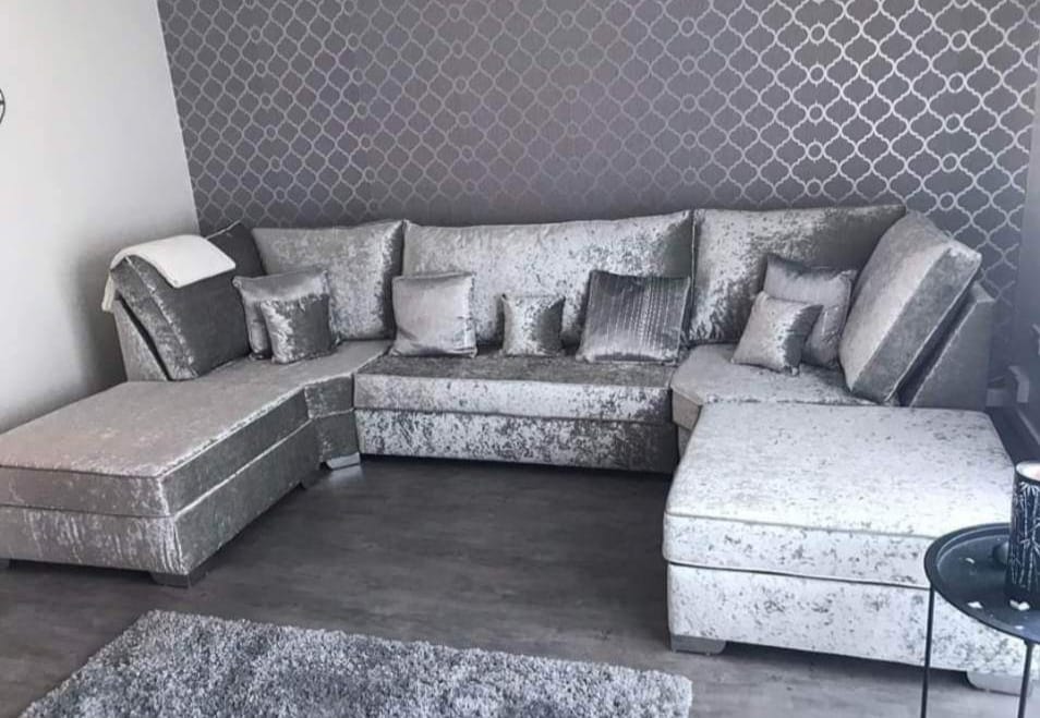 Lux U shape - Silver Crushed Velvet Fullback - Sofa Scape UK