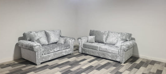 Olympia 3 Seater & 2 Seater - Silver Crushed Velvet - Sofa Scape UK
