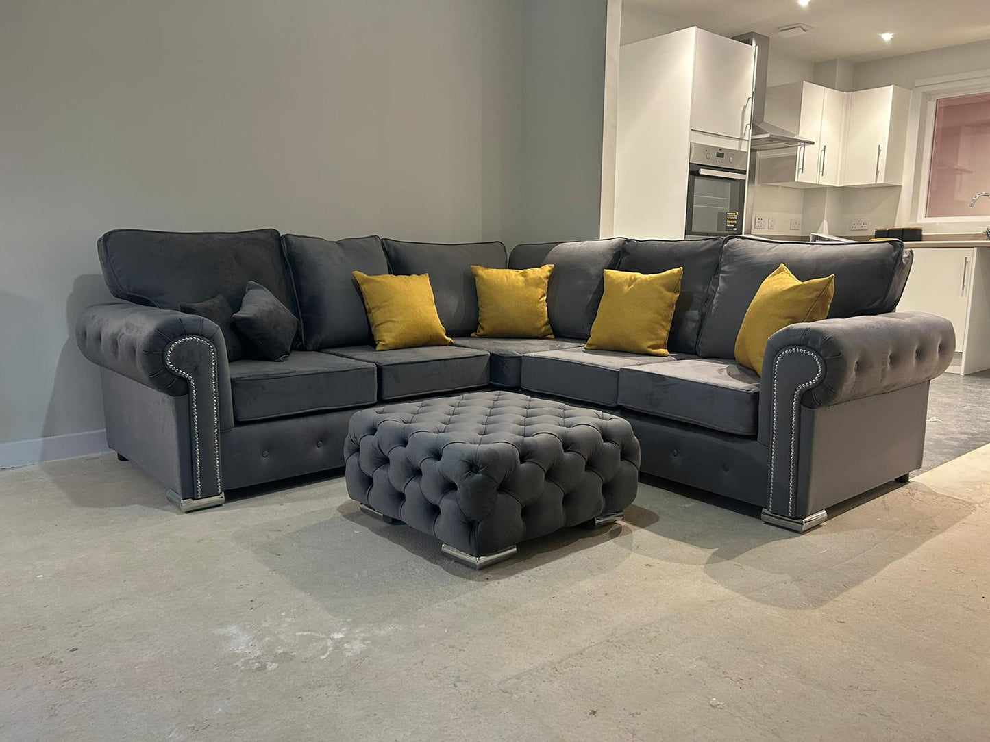 Olympia Corner - Grey Fullback + Footstool - Sofa Scape UK