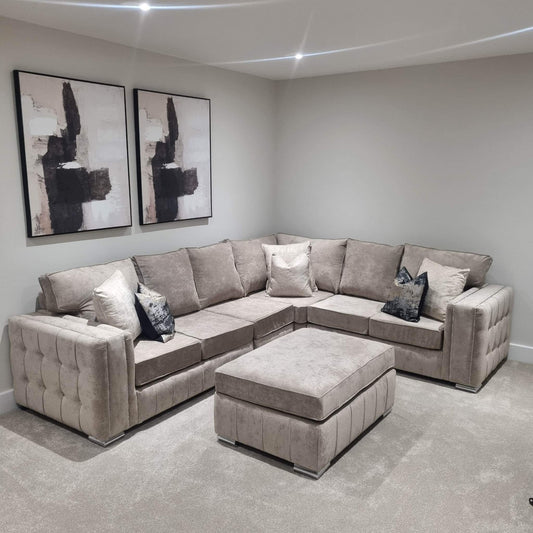 6 Seater Hendi Corner - Chenille Mink - Fullback + Footstool - Sofa Scape UK