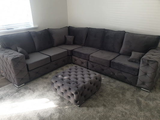 6 Seater - Milton Grey Fullback + Chesterfield footstool - Sofa Scape UK