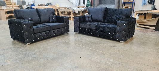 Milton 3 Seater & 2 Seater - Black Crushed Velvet Fullback - Sofa Scape UK