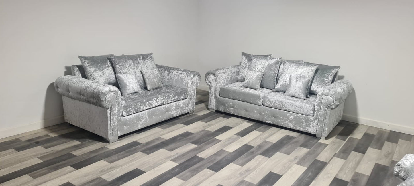 Olympia 3 Seater & 2 Seater - Silver Crushed Velvet - Sofa Scape UK