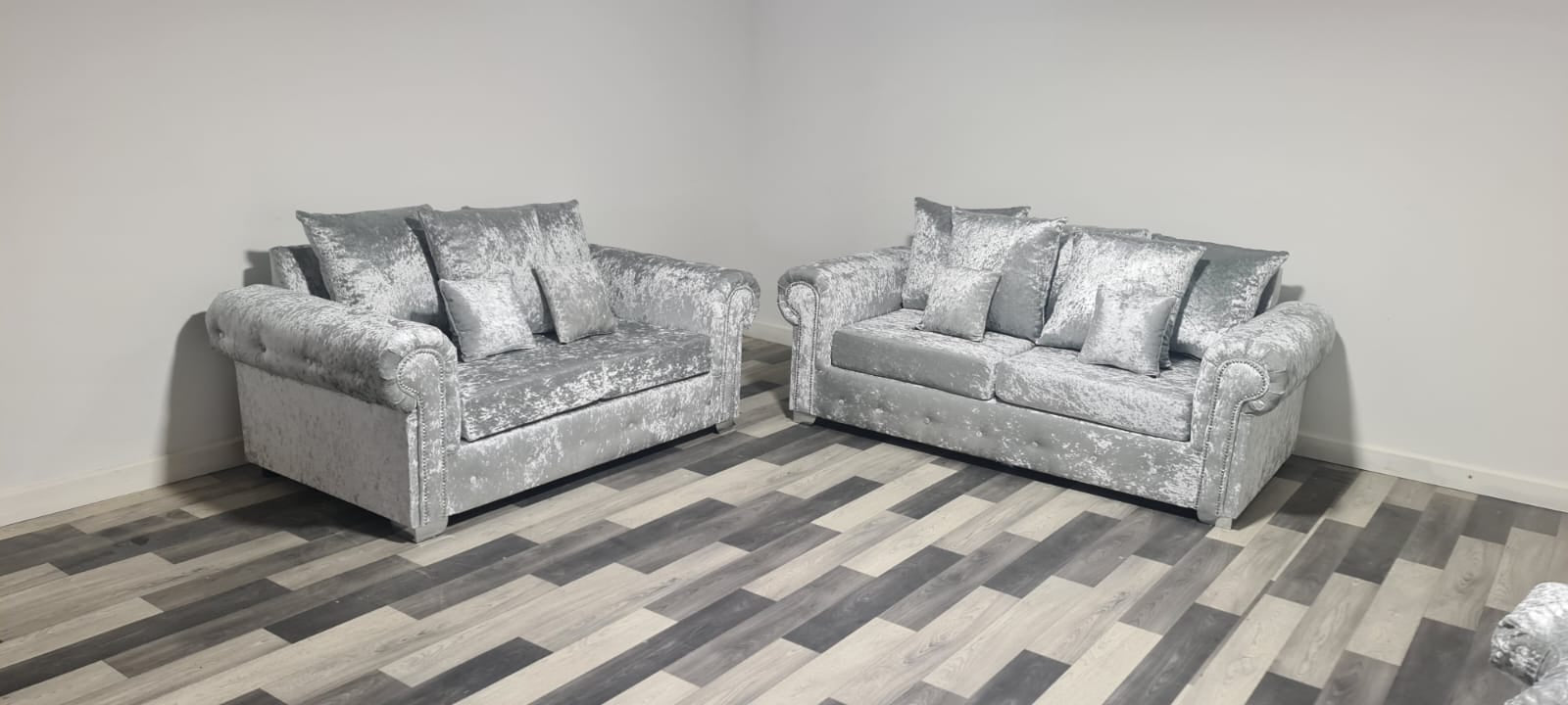 Olympia 3 Seater & 2 Seater - Silver Crushed Velvet - Sofa Scape UK