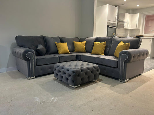 Olympia Corner - Grey Fullback + Footstool - Sofa Scape UK